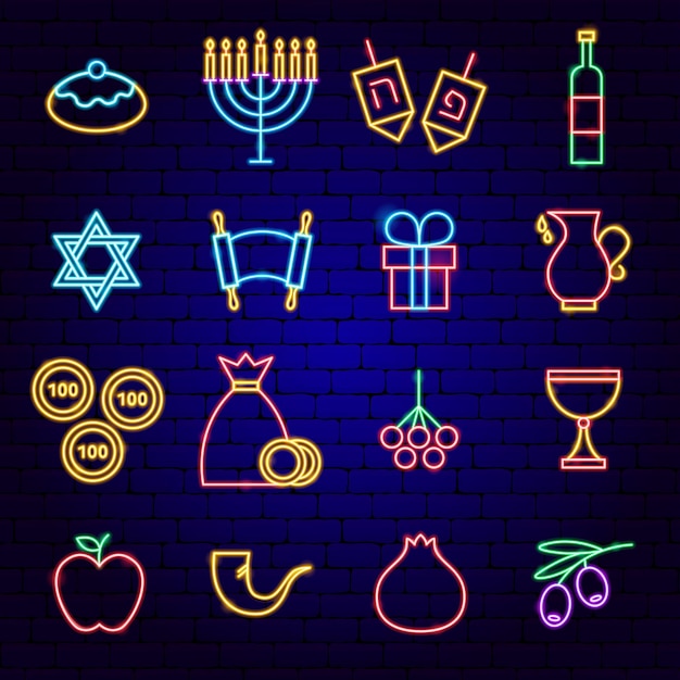 Feliz hanukkah neon ícones. ilustração em vetor de promoção judaica.