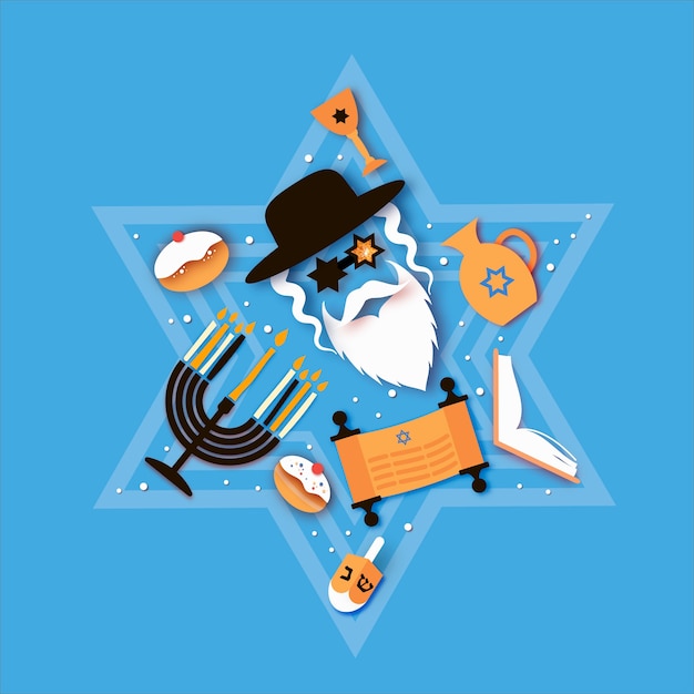 Feliz hanukkah. o festival das luzes judaico. personagem de homem judeu em óculos de david stars. menorá festivo, dreidel. asse tradicional doce e luzes douradas. espaço para texto. estilo de corte de papel.