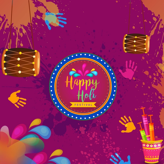 Feliz holi saudações roxo colorido festival hinduísmo indiano fundo de mídia social