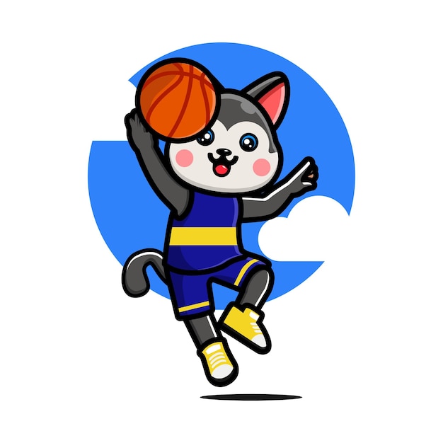 Feliz husky fofo jogando basquete