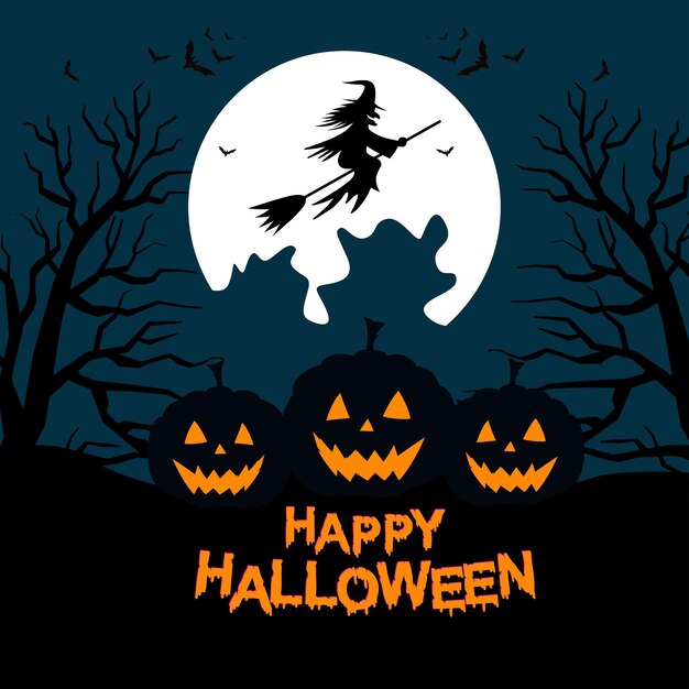 Feliz ilustração de Halloween com silhueta de castelo na lua brilhante e árvores mortas perto do cemitério