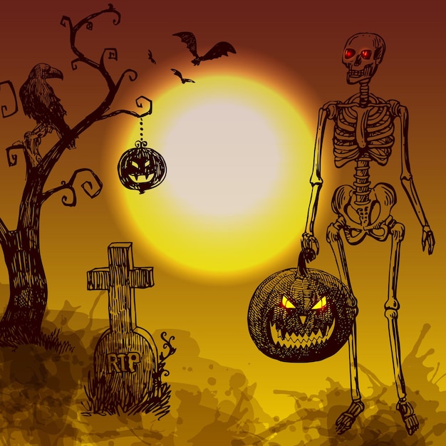 Feliz ilustração de halloween Terrível paisagem noturna com árvore de cemitério e lua