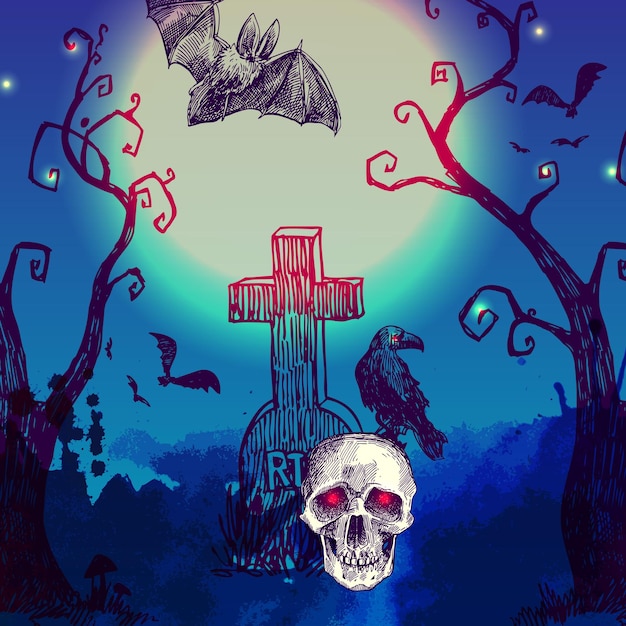 Vetor feliz ilustração de halloween terrível paisagem noturna com árvore e lua do cemitério de caveiras