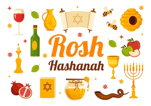 Feliz ilustração vetorial de Rosh Hashaná do feriado de ano novo judaico com mel e abelha em modelos