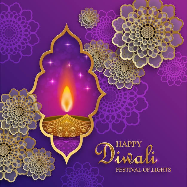 Feliz ilustração vetorial diwali cartão festivo de diwali e deepawali o festival indiano de luzes sobre fundo colorido