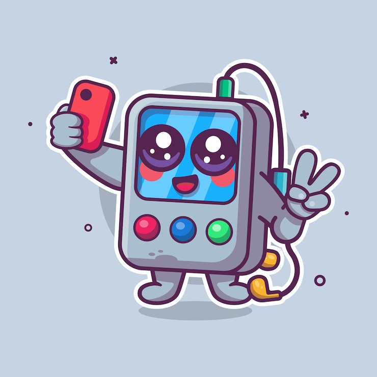 Vetor feliz jogador de música portátil personagem mascote tomando uma selfie com um smartphone desenho animado isolado