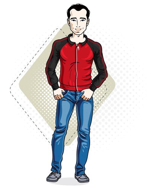 Feliz jovem adulto moreno em pé. Personagem vetorial vestindo roupas casuais como jeans e jaqueta.