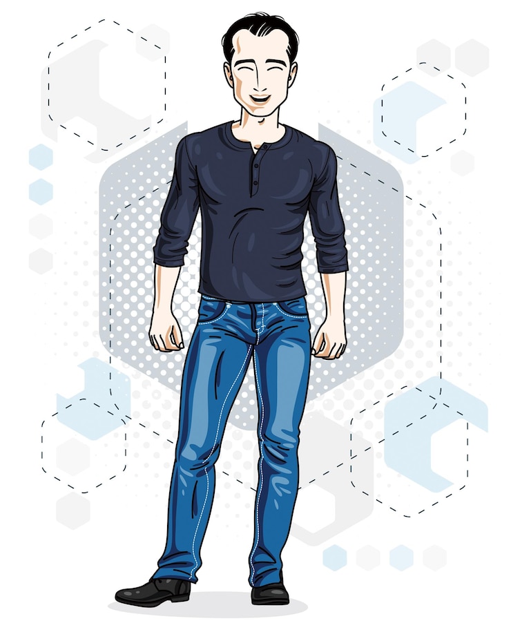 Vetor feliz jovem adulto moreno em pé. personagem vetorial vestindo roupas casuais como jeans e moletom.