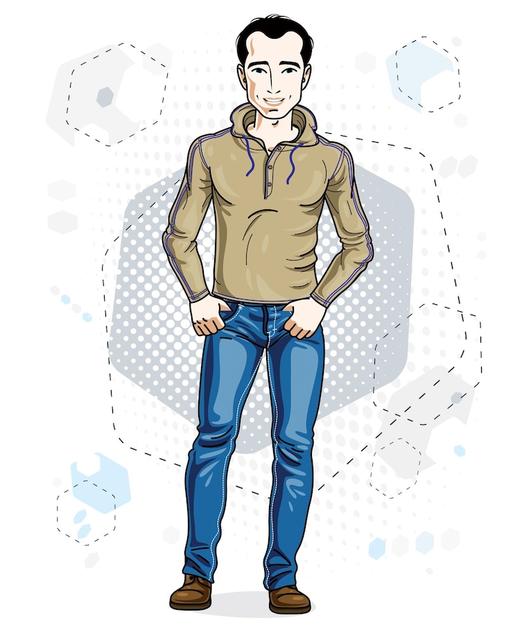 Vetor feliz jovem adulto moreno em pé. personagem vetorial vestindo roupas casuais como jeans e pulôver.