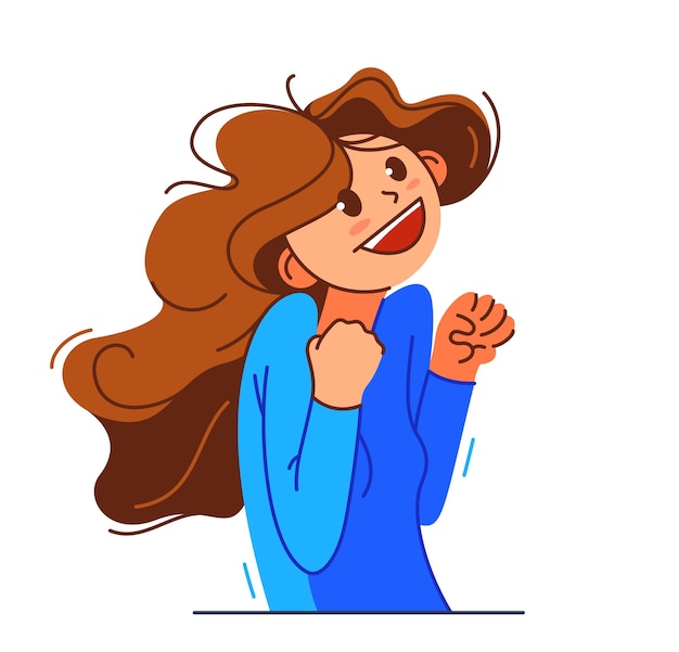 Feliz jovem entusiasmada com o vencedor gesto ilustração vetor mulher dizendo sim ao sucesso e objetivo desenho de desenho animado campeão ganhar