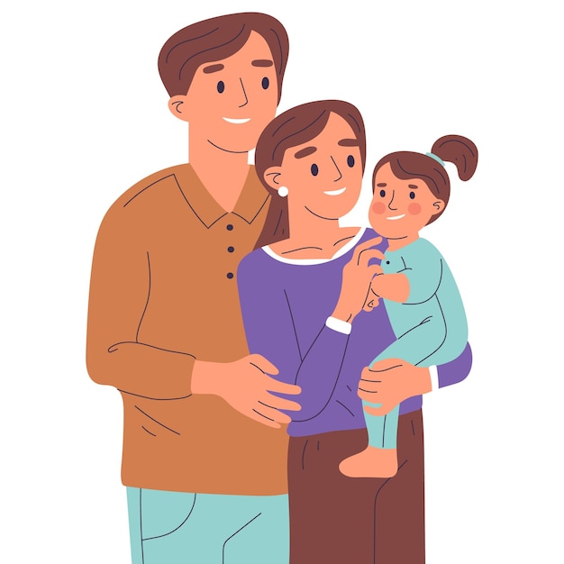 Feliz jovem família mãe e pai carregando ilustração vetorial plana de desenho animado de bebê em fundo branco