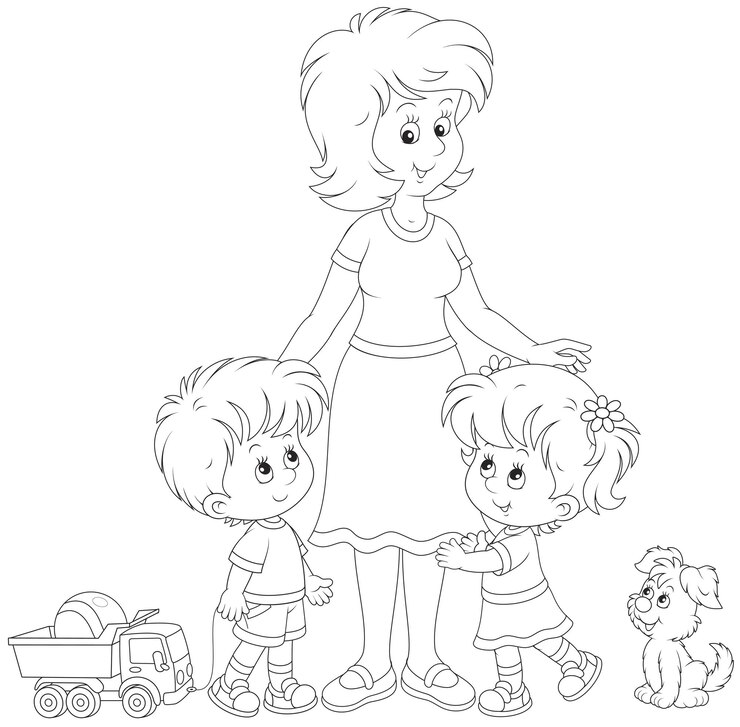 Vetor feliz jovem mãe e seus filhos pequenos com brinquedos