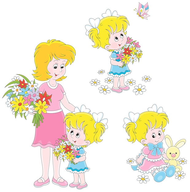 Feliz jovem mãe e sua filha fofa com um buquê de flores uma borboleta engraçada e um coelho de brinquedo