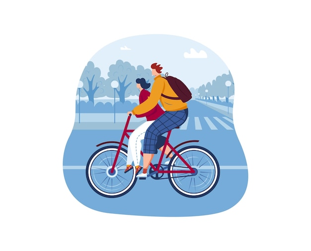 Feliz jovem mulher pessoas montam ilustração vetorial de bicicleta de desenho animado casal romântico em desenhos animados de bicicleta ama dia de viagem com namorado