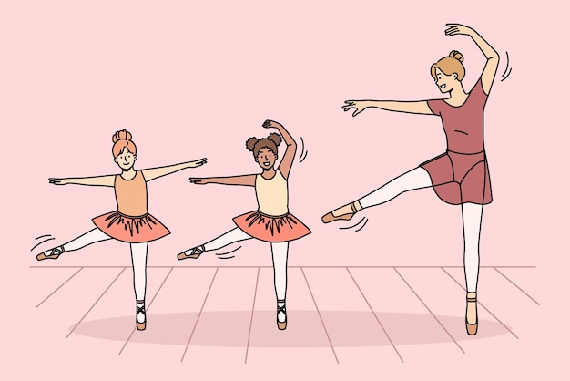 Feliz jovem professor de balé em tutu dançando com pequenas garotas internacionais na aula crianças bailarinas sorridentes ensinam movimentos de dançarina com treinador dentro de casa hobby e entretenimento ilustração vetorial