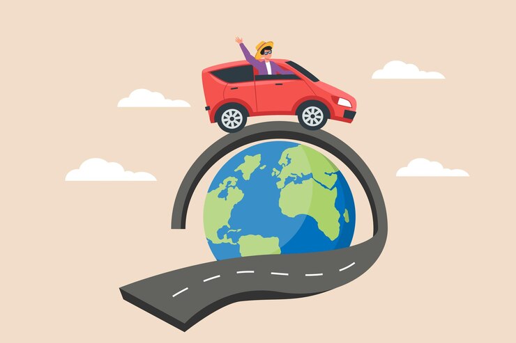 Feliz jovem turista viaja pelo mundo de carro Conceito do dia mundial do turismo Ilustração em vetor de desenho animado plano colorido