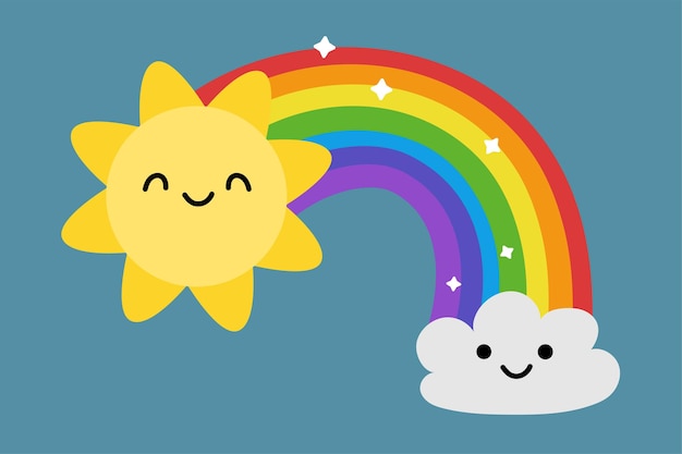 Vetor feliz kawaii arco-íris sol nuvens desenhos animados crianças ilustração vetorial