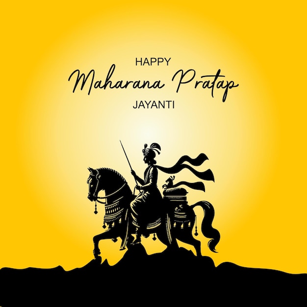 Feliz Maharana Pratap Jayanti - Silhueta de um guerreiro Rajput a cavalo