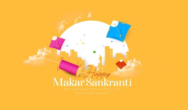 Feliz Makar Sankranti Festival com pipas, nuvens e sol