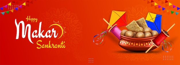 Vetor feliz makar sankranti festival web banner ilustração com pipas e doces