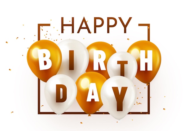 Feliz marco de aniversário com balões de ar dourados e brancos design de férias para festa de cartão de saudação