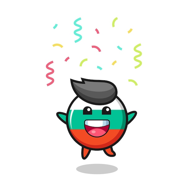 Feliz mascote de distintivo de bandeira da bulgária pulando para parabéns com confete de cor