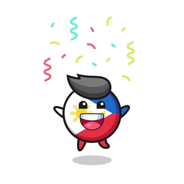 Feliz mascote do emblema da bandeira das filipinas pulando para os parabéns com confetes coloridos