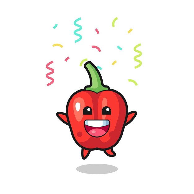 Feliz mascote do pimentão vermelho pulando para os parabéns com confetes coloridos