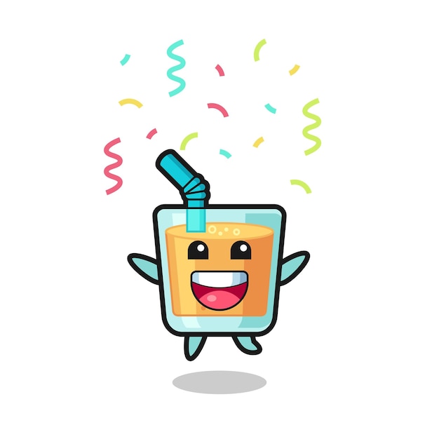 Feliz mascote do suco de laranja pulando para os parabéns com confetes coloridos