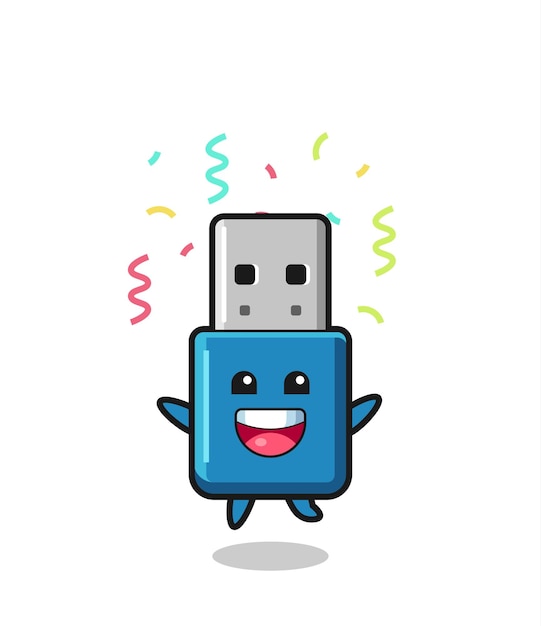 Feliz mascote usb da unidade flash pulando para felicitações com confete colorido