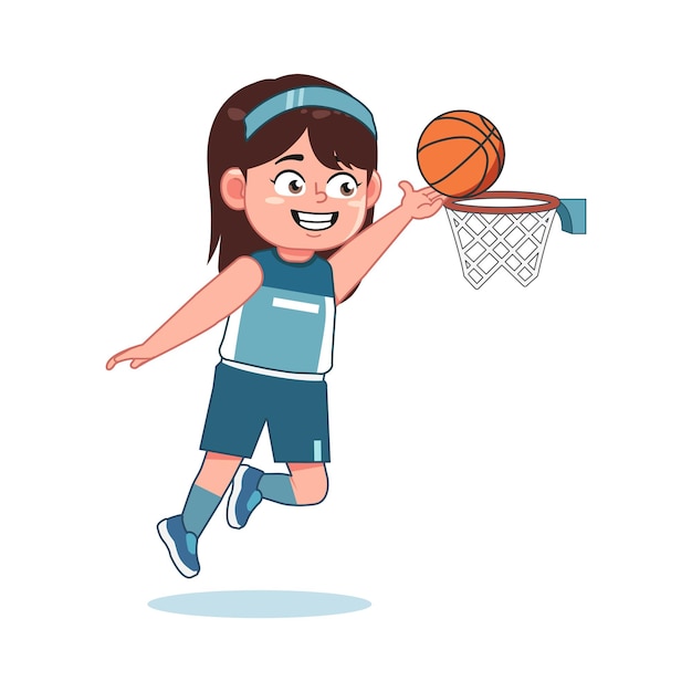 Feliz menina bonita joga basquetebol Lay Up Jump