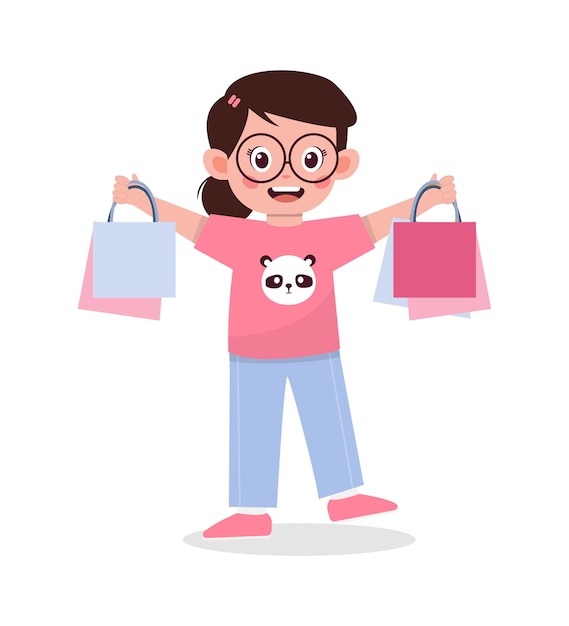 Feliz menina bonitinha carrega muitas sacolas de compras ilustração dos desenhos animados