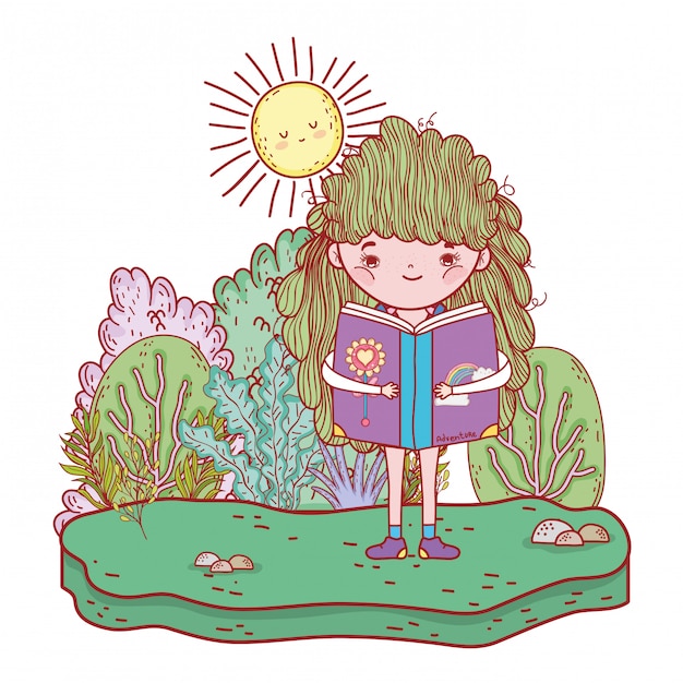 Feliz, menininha, livro leitura, com, sol, kawaii