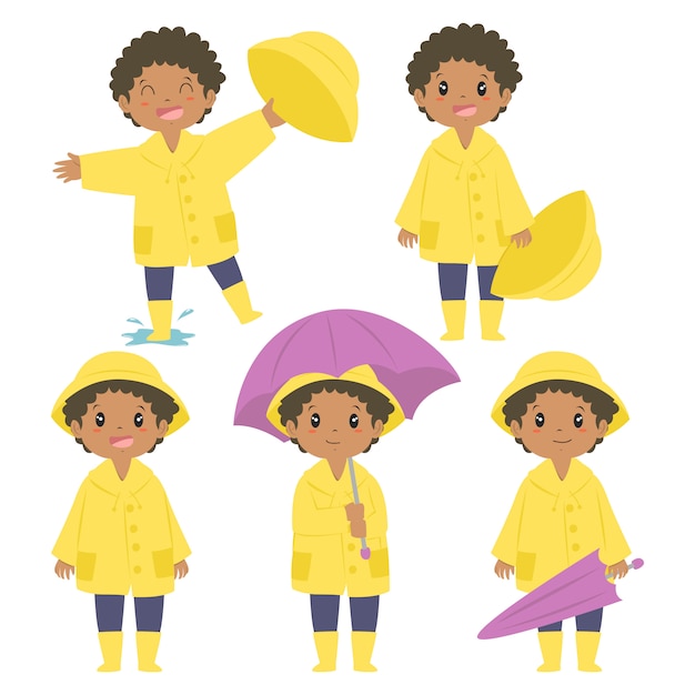 Feliz menino afro-americano em capa de chuva amarela e conjunto de vetor de guarda-chuva roxo