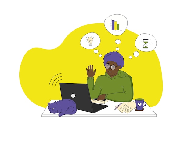 Feliz menino afro-americano estuda com computador e livros. Educação on-line, escola em casa con