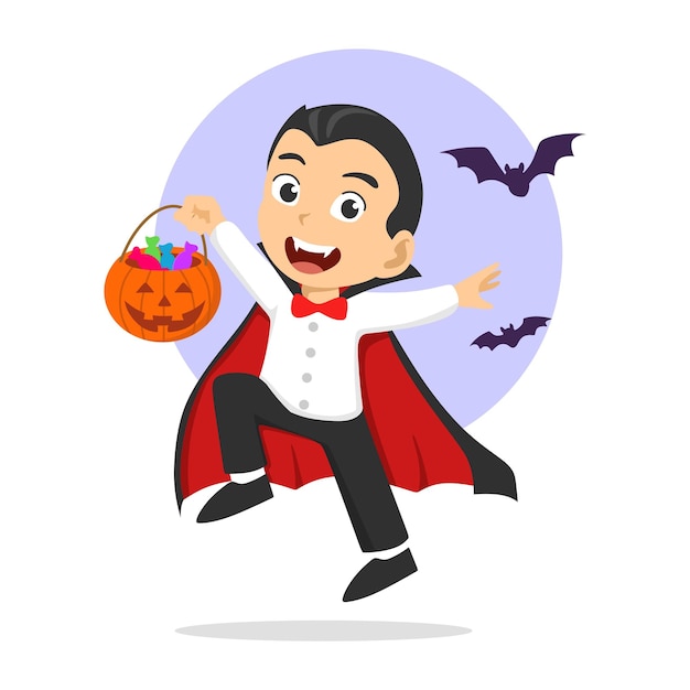 feliz menino bonito menino e menina comemorar Halloween usa traje de vampiro Drácula com capa