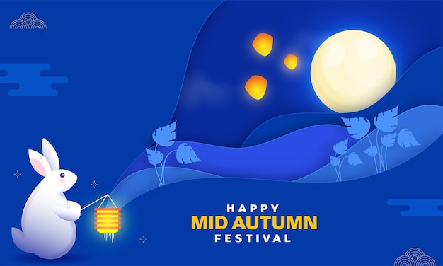 Feliz Mid Autumn Festival Concept com requintado coelho fofo de lua cheia segurando lanterna de papel azul cortado ou fundo de papel em camadas