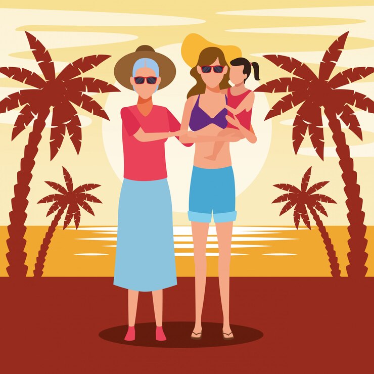 Vetor feliz mulher velha e mulher segurando uma garota na praia