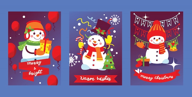 Feliz natal boneco de neve cartão de ano novo com papai noel personagem de árvore de natal e presentes fundo ilustração conjunto de cartão postal inverno férias celebração cartaz design pano de fundo