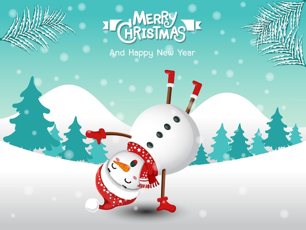 Feliz natal. boneco de neve engraçado na paisagem de inverno de cena de neve de natal. elemento decorativo de férias. ilustração vetorial.