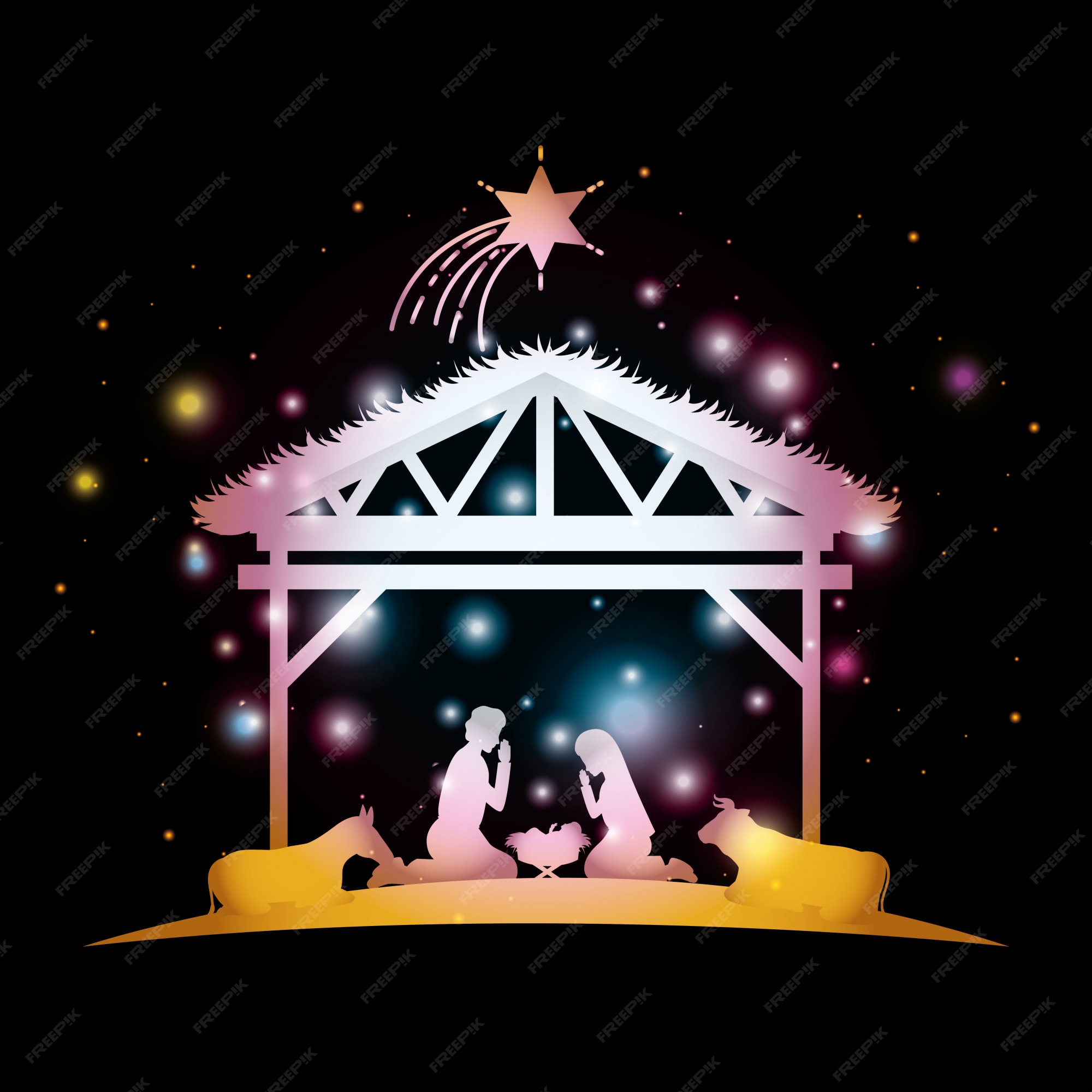 Feliz natal cartão com a sagrada família no estábulo | Vetor Premium Feliz natal cartão com a sagrada família no estábulo | Vetor Premium