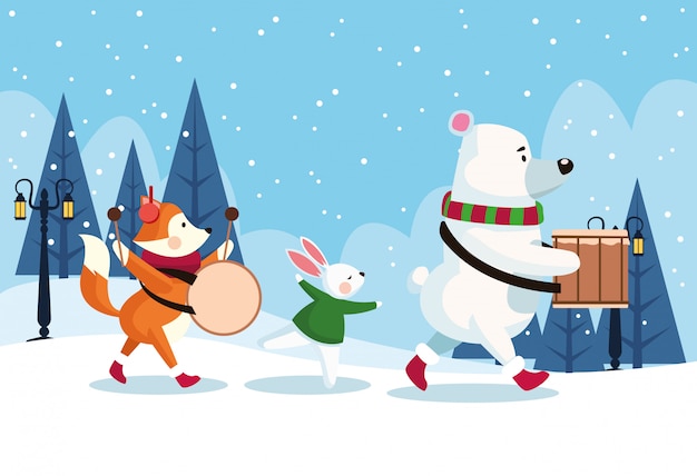 Feliz Natal cartão com animais tocando instrumentos