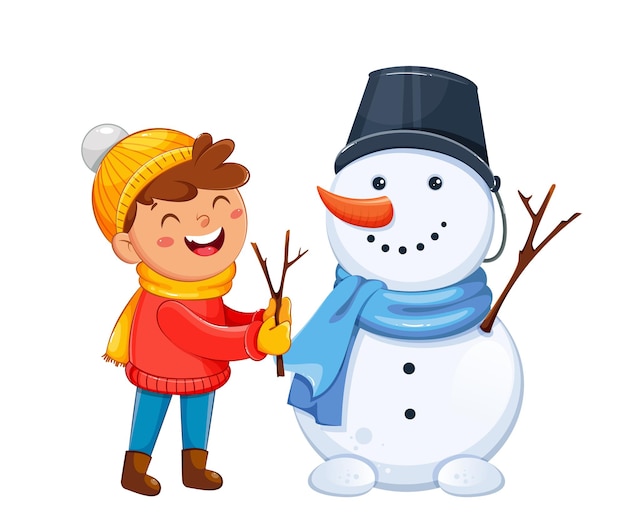 Feliz natal cartão com criança alegre brincando com boneco de neve, personagens de desenhos animados bonitos. olá, conceito de inverno. ilustração em vetor de estoque em fundo branco