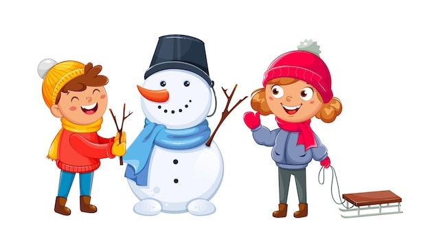 Feliz natal cartão com crianças alegres brincando com boneco de neve, personagens de desenhos animados bonitos. olá, conceito de inverno. ilustração em vetor de estoque em fundo branco