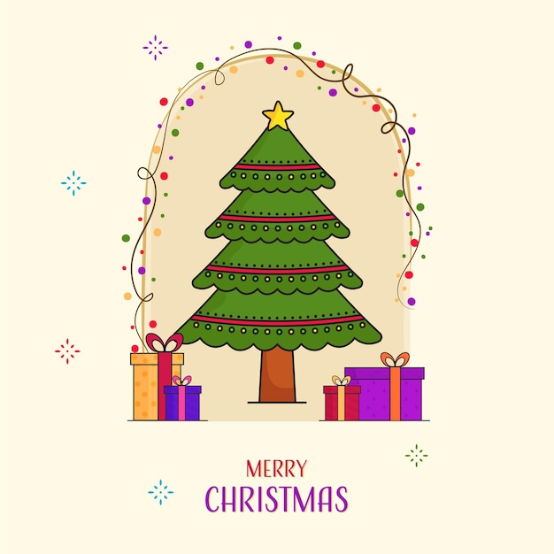 Feliz natal cartão com doodle xmas árvore caixas de presente em fundo bege e branco