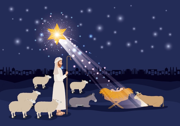 Feliz natal cartão com jesus bebê e sheeper