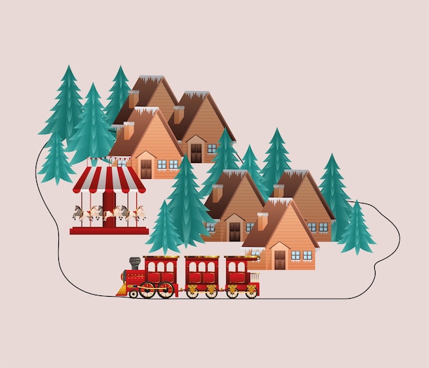 Feliz natal casas carrossel de trem e pinheiros design, temporada de inverno e tema de decoração