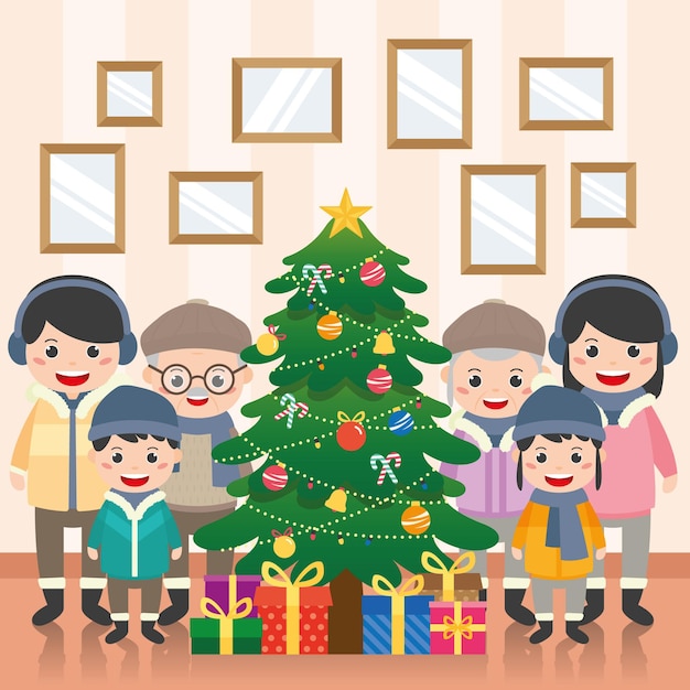 Feliz natal com a família feliz, use as roupas de inverno e a árvore de natal na sala