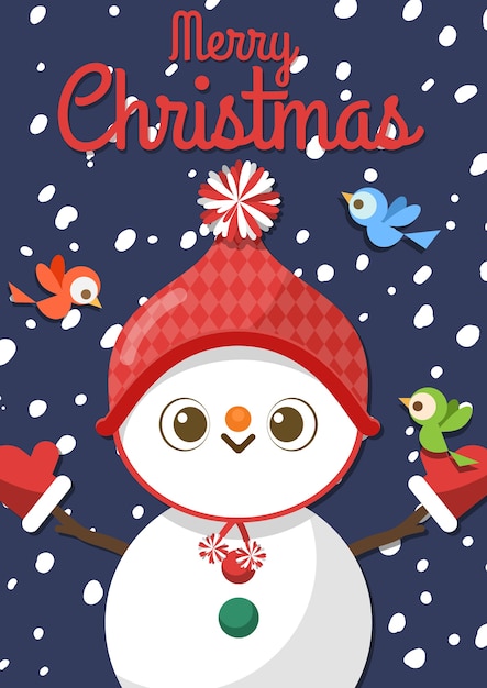Feliz natal com boneco de neve dos desenhos animados e três pássaros.