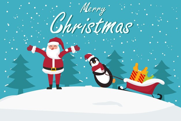 Vetor feliz natal com bonito papai noel e pinguim personagem de desenho animado cartão de saudação vetorial